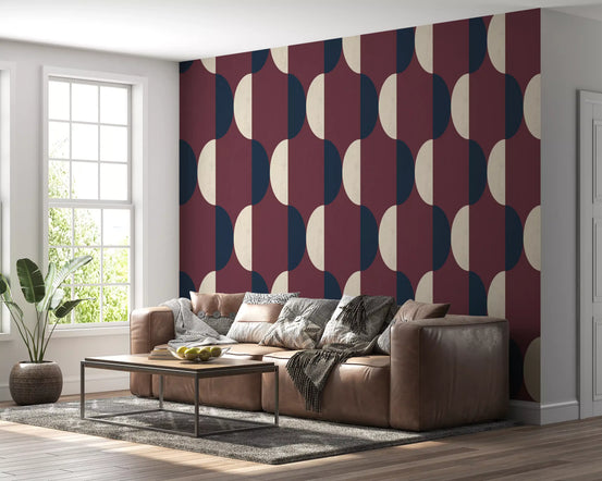Mid Century Oval Wallpaper Burgundy Navy Wallpaper⁠