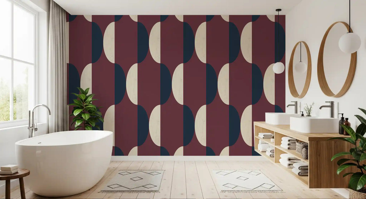 Mid Century Oval Wallpaper Burgundy Navy Wallpaper⁠