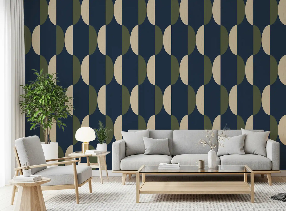 Mid Century Oval Wallpaper Navy Olive Wallpaper⁠