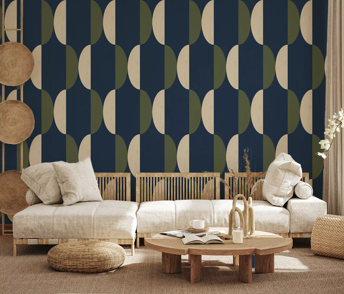 Mid Century Oval Wallpaper Navy Olive Wallpaper⁠