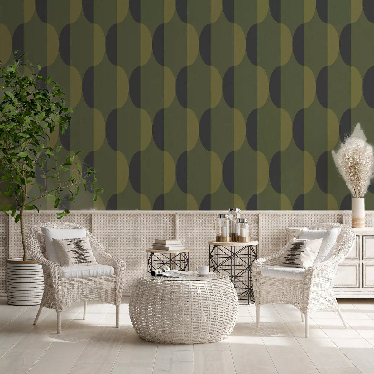 Mid Century Oval Wallpaper Olive Moss Wallpaper⁠