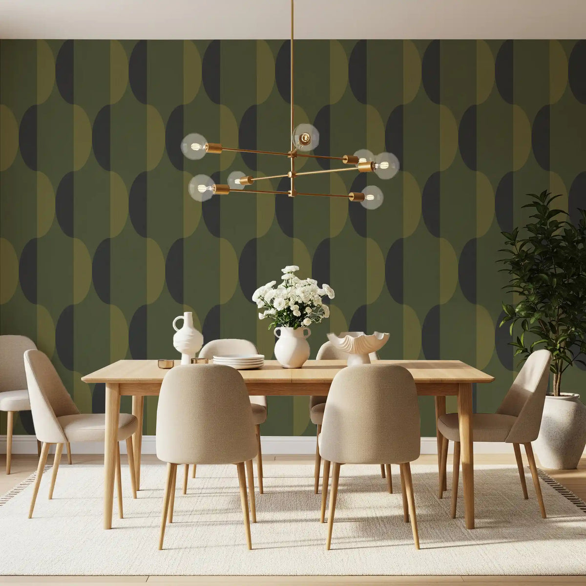 Mid Century Oval Wallpaper Olive Moss Wallpaper⁠