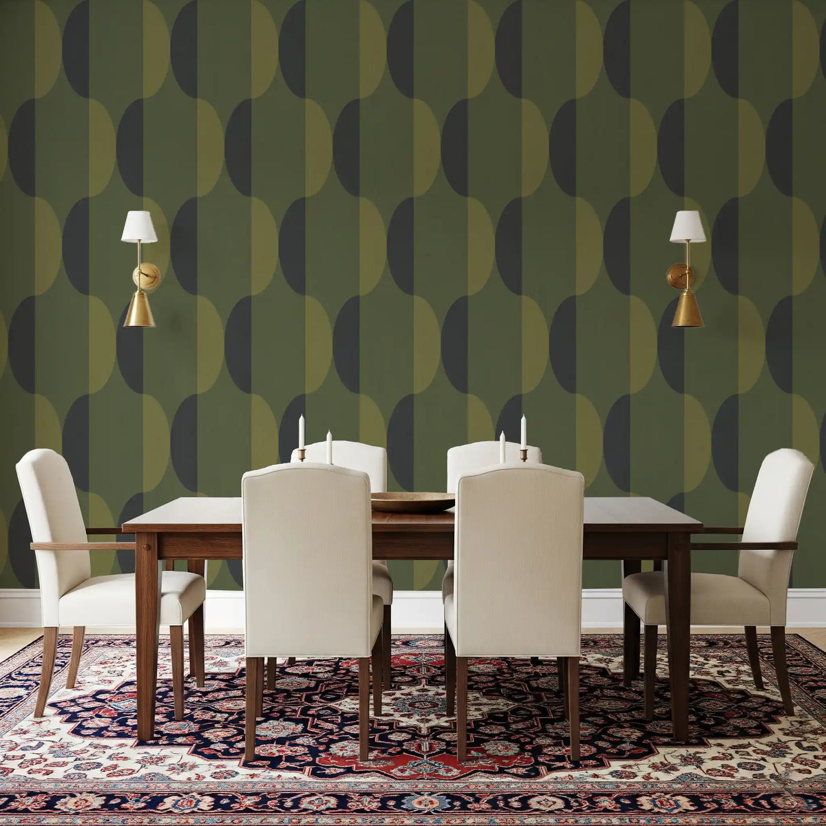 Mid Century Oval Wallpaper Olive Moss Wallpaper⁠
