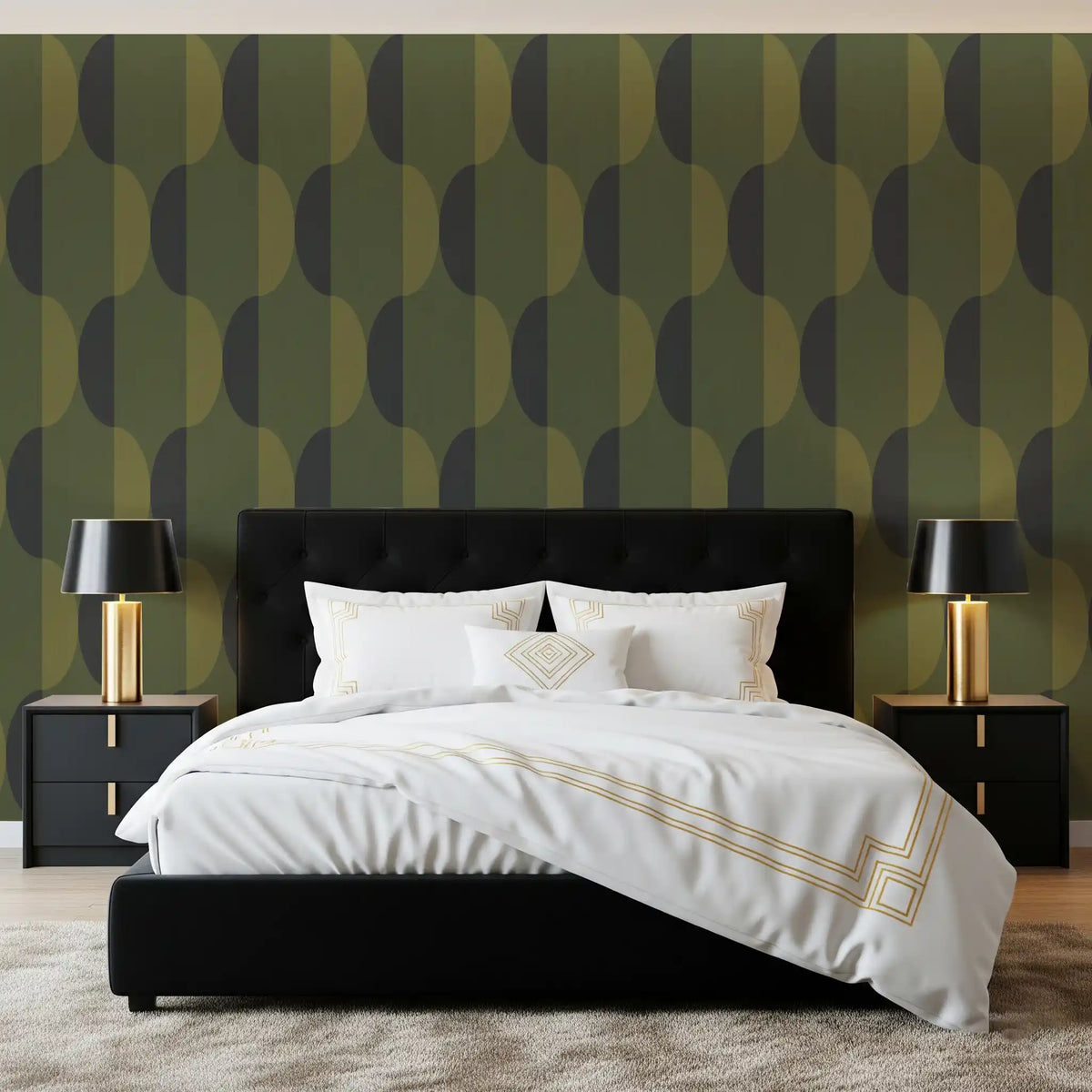 Mid Century Oval Wallpaper Olive Moss Wallpaper⁠