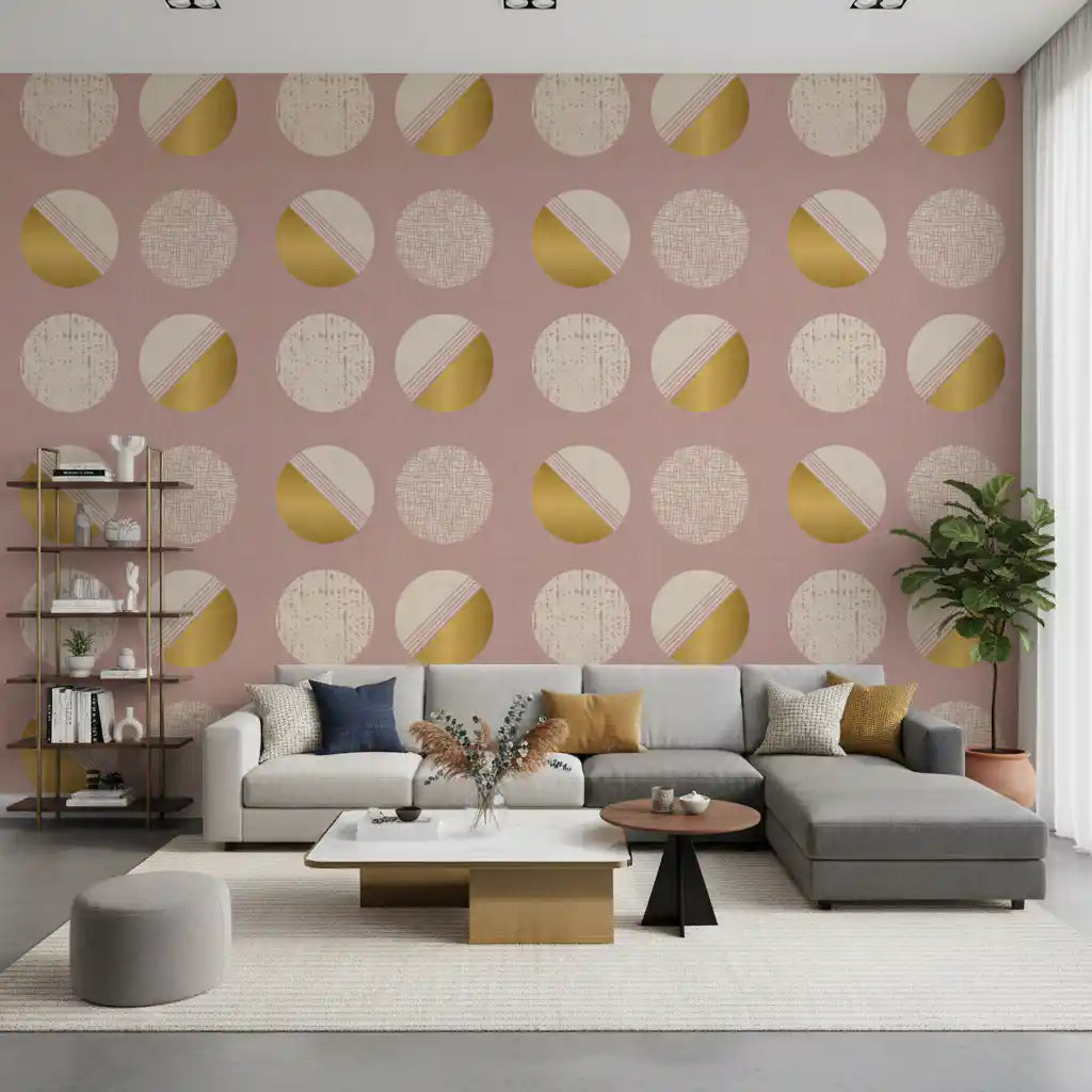 Blush Pink Mustard Circles Wallpaper Mid Century Wallpaper⁠