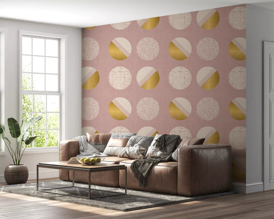 Blush Pink Mustard Circles Wallpaper Mid Century Wallpaper⁠