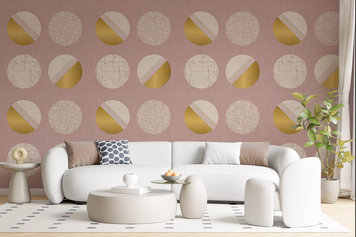 Blush Pink Mustard Circles Wallpaper Mid Century Wallpaper⁠