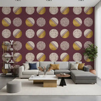 Burgundy Mustard Circles Wallpaper Mid Century Wallpaper⁠