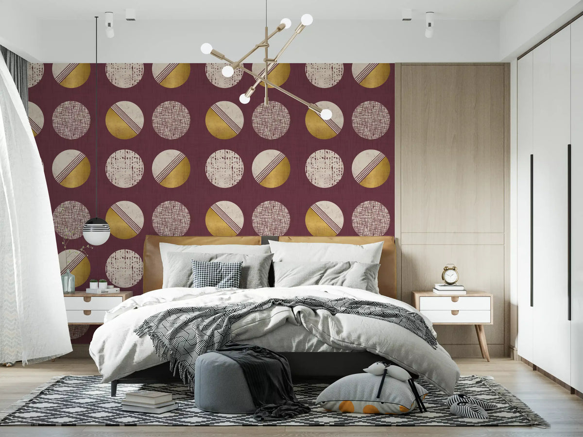 Burgundy Mustard Circles Wallpaper Mid Century Wallpaper⁠