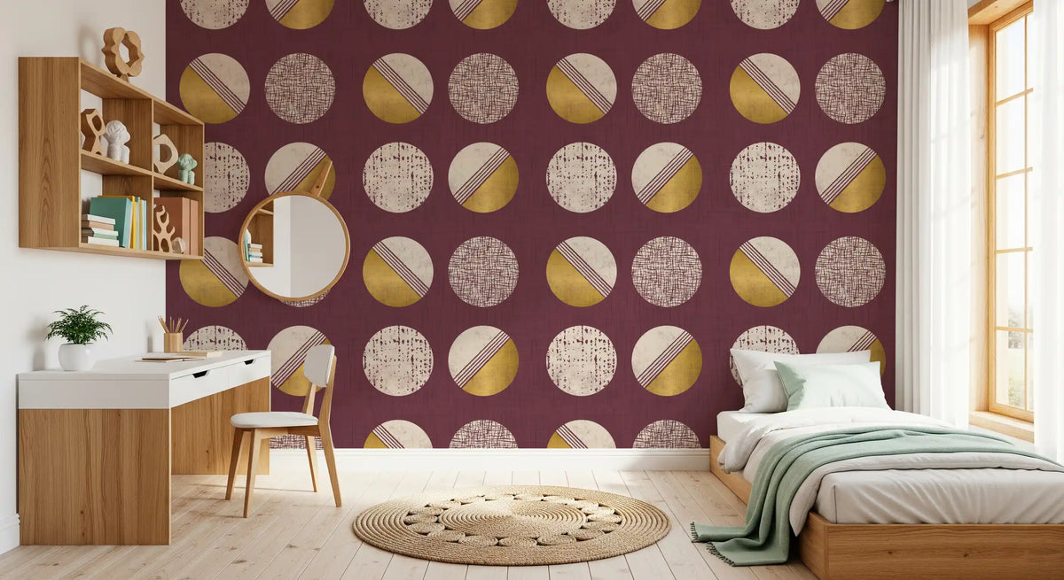 Burgundy Mustard Circles Wallpaper Mid Century Wallpaper⁠