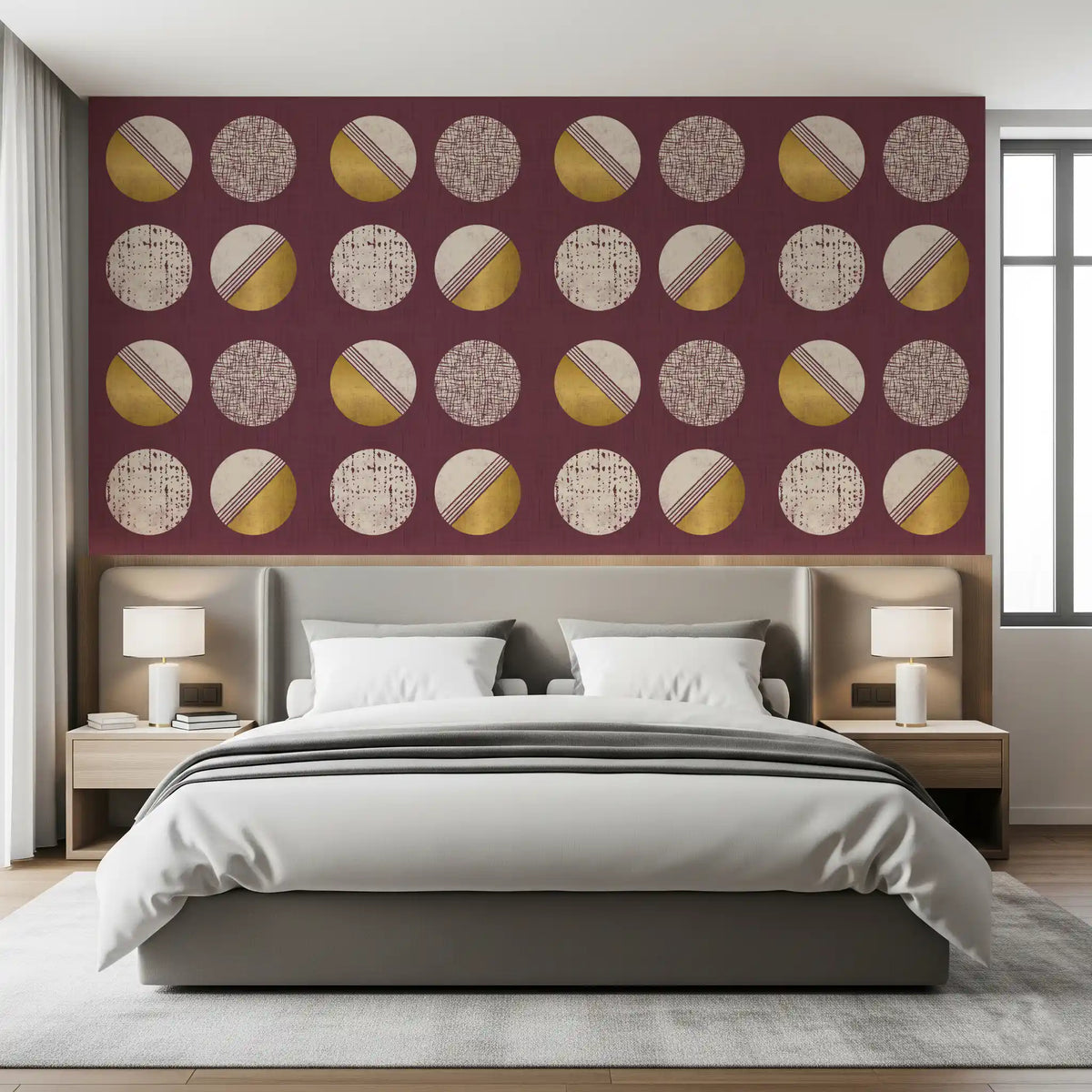 Burgundy Mustard Circles Wallpaper Mid Century Wallpaper⁠