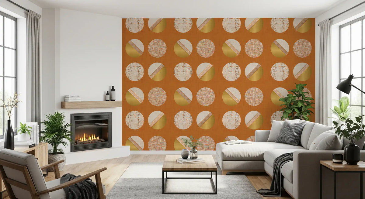 Burnt Orange Mustard Circles Wallpaper Mid Century Wallpaper⁠