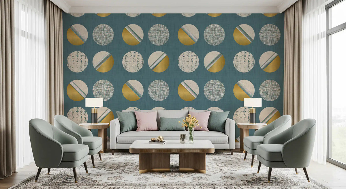 Dusty Teal Mustard Circles Wallpaper Mid Century Wallpaper⁠
