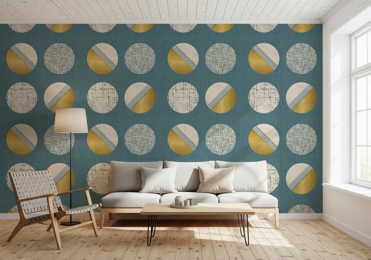 Dusty Teal Mustard Circles Wallpaper Mid Century Wallpaper⁠