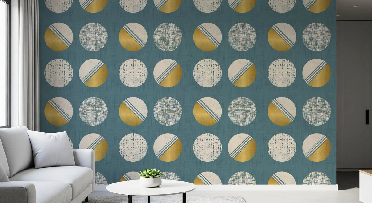 Dusty Teal Mustard Circles Wallpaper Mid Century Wallpaper⁠