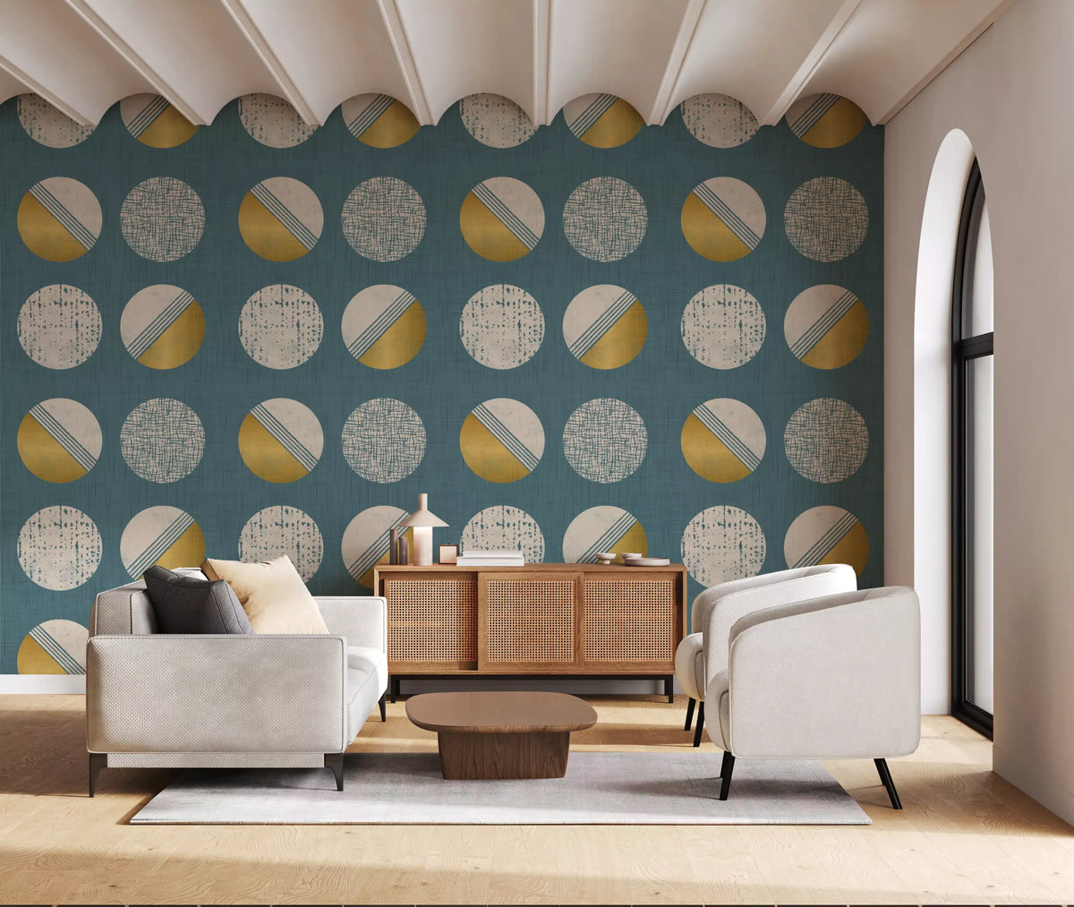Dusty Teal Mustard Circles Wallpaper Mid Century Wallpaper⁠