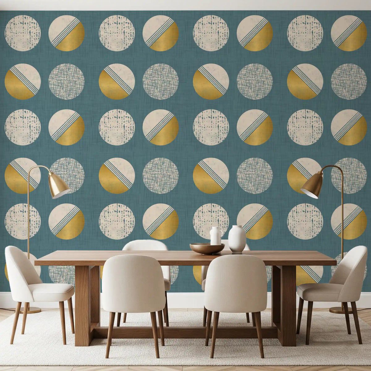 Dusty Teal Mustard Circles Wallpaper Mid Century Wallpaper⁠