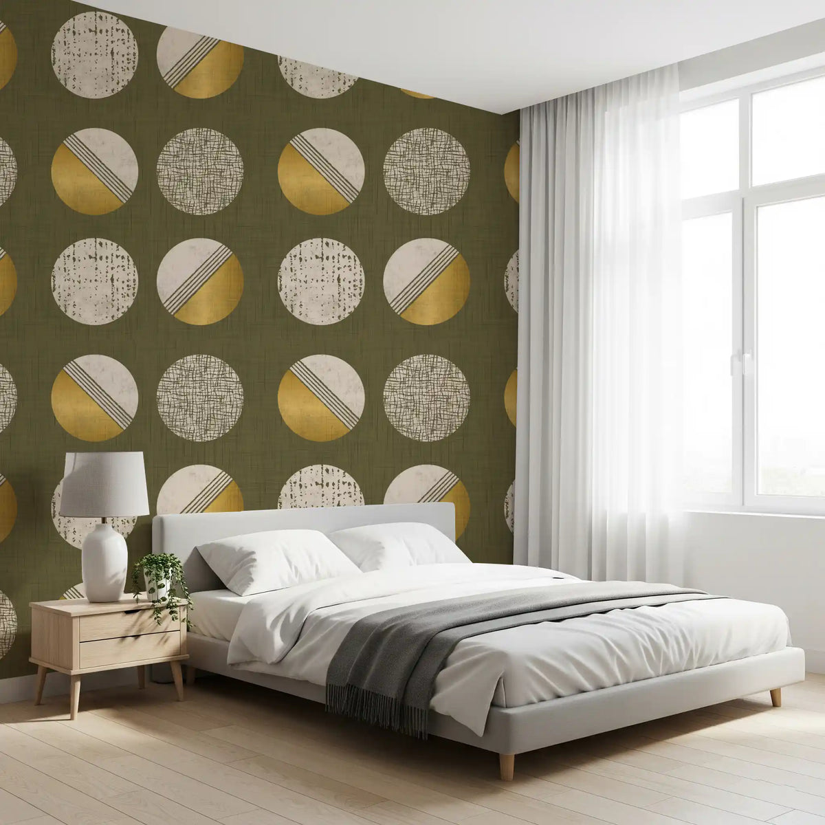 Olive Green Mustard Circles Wallpaper Mid Century Wallpaper⁠