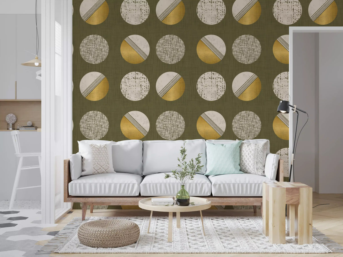 Olive Green Mustard Circles Wallpaper Mid Century Wallpaper⁠