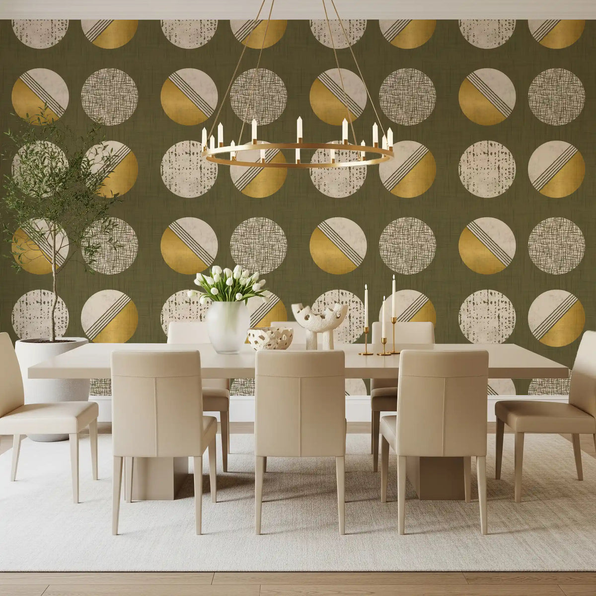 Olive Green Mustard Circles Wallpaper Mid Century Wallpaper⁠