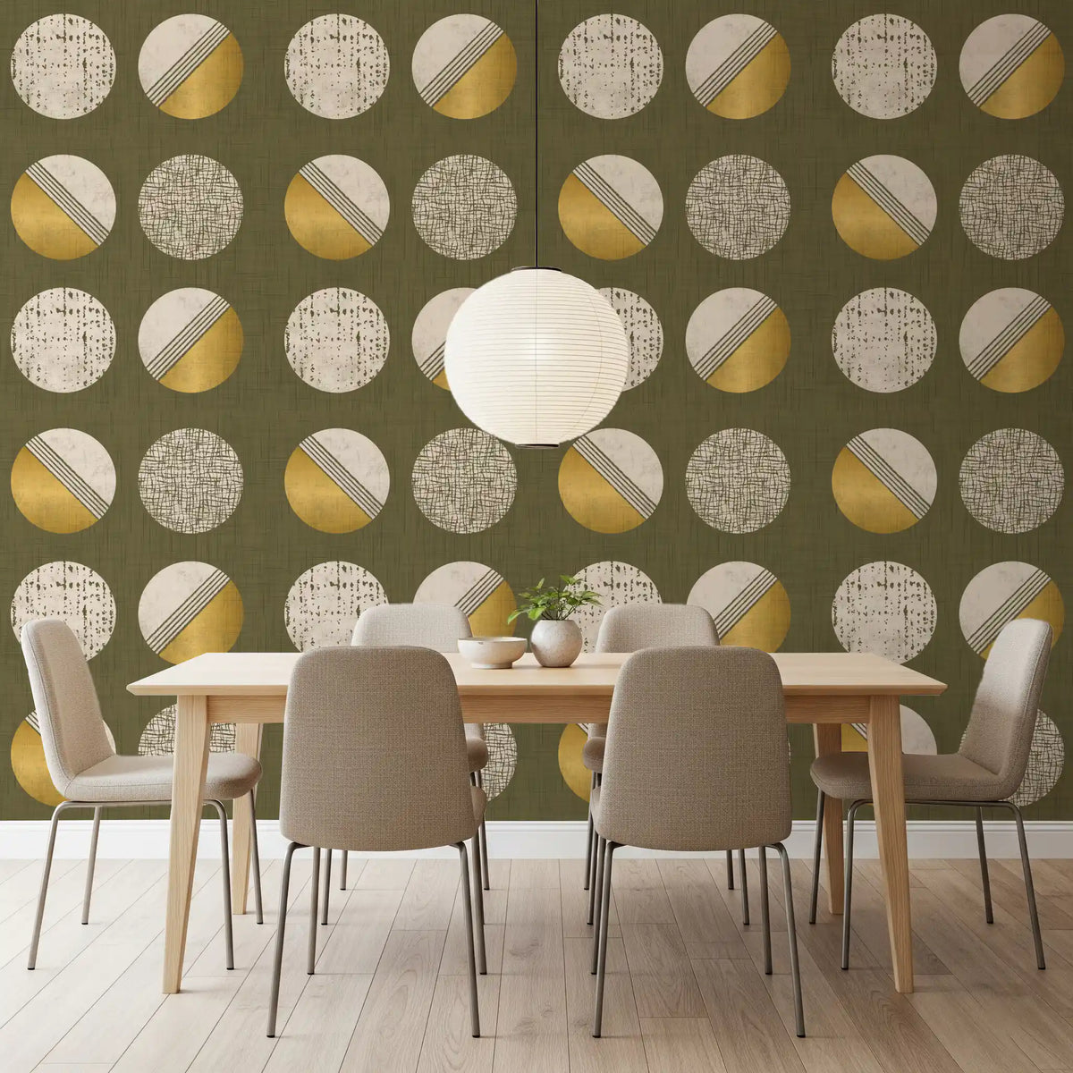 Olive Green Mustard Circles Wallpaper Mid Century Wallpaper⁠
