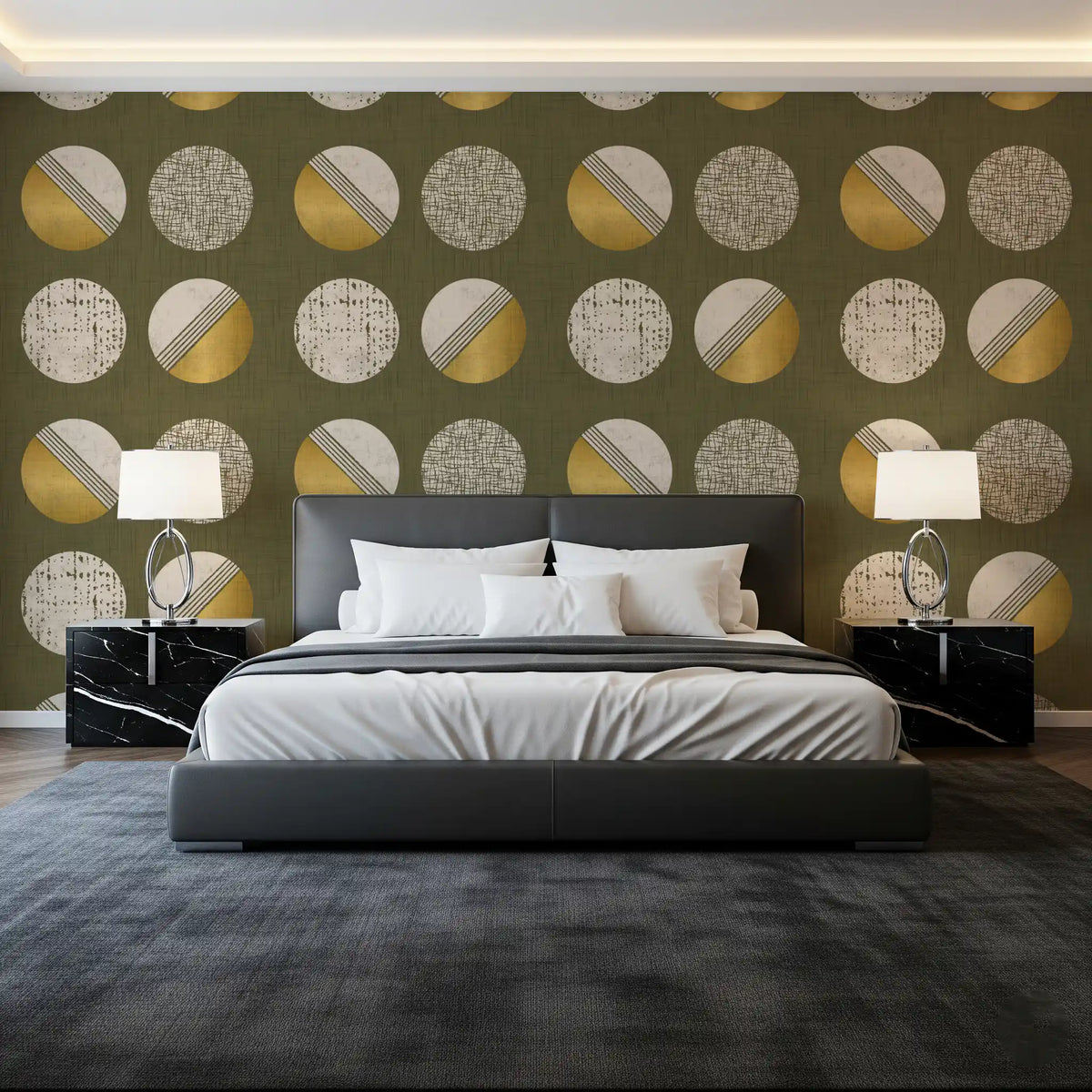 Olive Green Mustard Circles Wallpaper Mid Century Wallpaper⁠