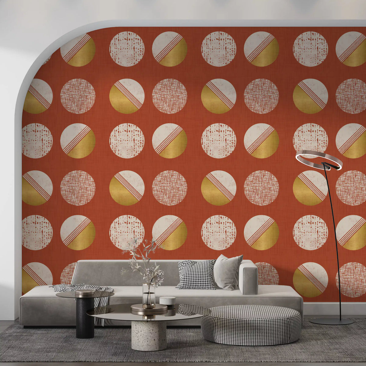Rust Red Mustard Circles Wallpaper Mid Century Wallpaper⁠