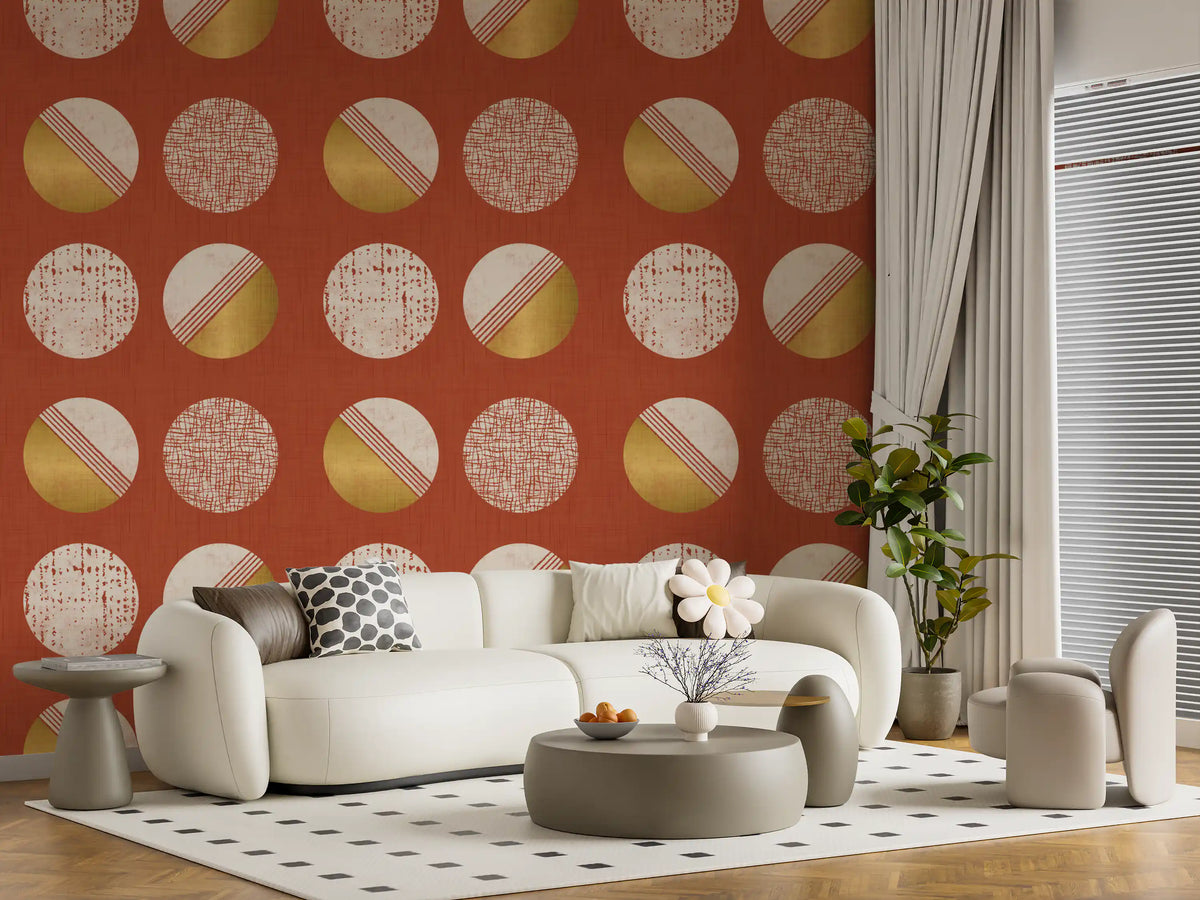 Rust Red Mustard Circles Wallpaper Mid Century Wallpaper⁠