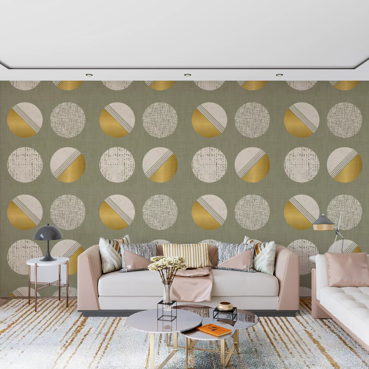 Sage Green Mustard Circles Wallpaper Mid Century Wallpaper⁠