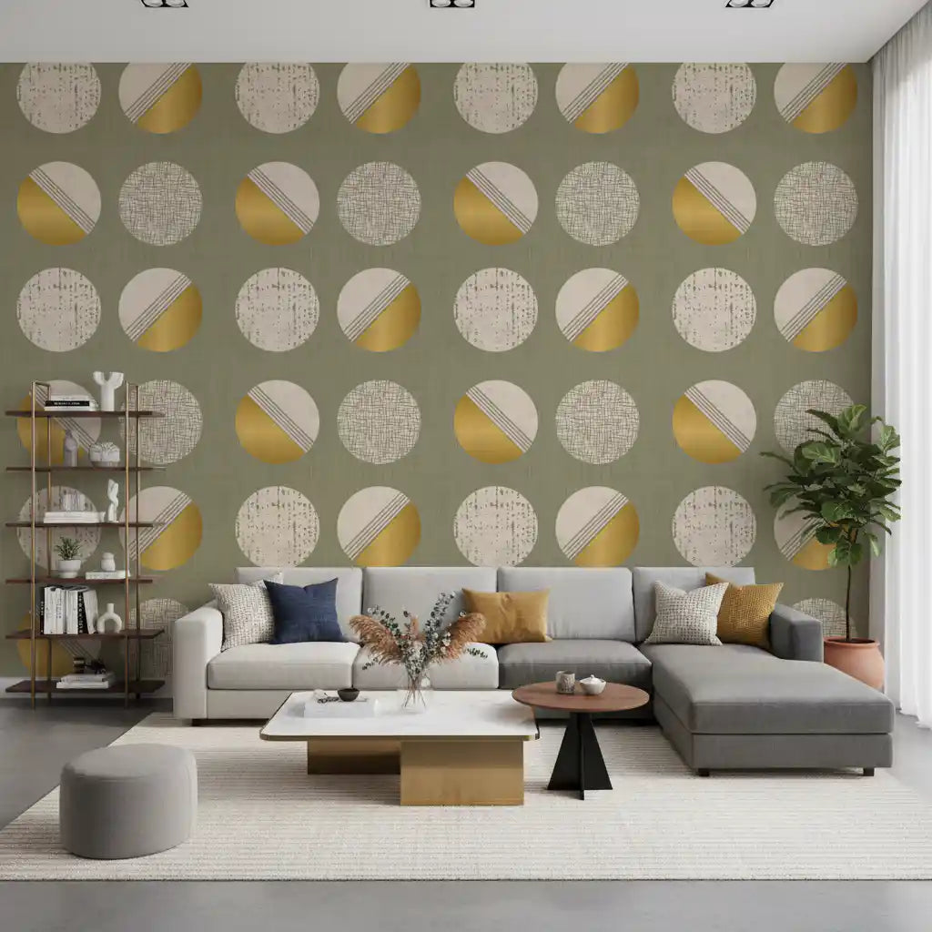 Sage Green Mustard Circles Wallpaper Mid Century Wallpaper⁠