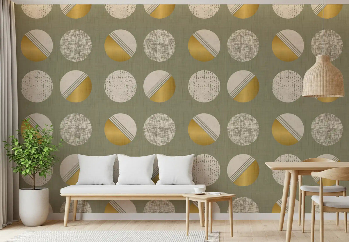Sage Green Mustard Circles Wallpaper Mid Century Wallpaper⁠
