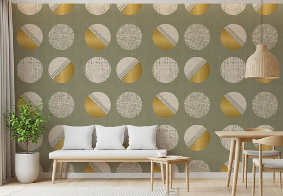 Sage Green Mustard Circles Wallpaper Mid Century Wallpaper⁠