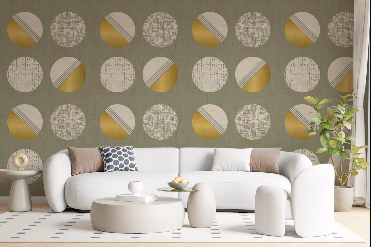 Sage Green Mustard Circles Wallpaper Mid Century Wallpaper⁠