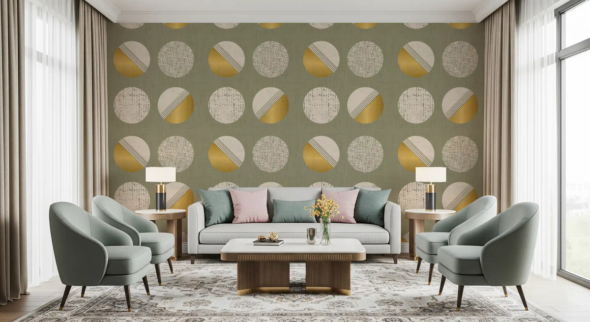 Sage Green Mustard Circles Wallpaper Mid Century Wallpaper⁠