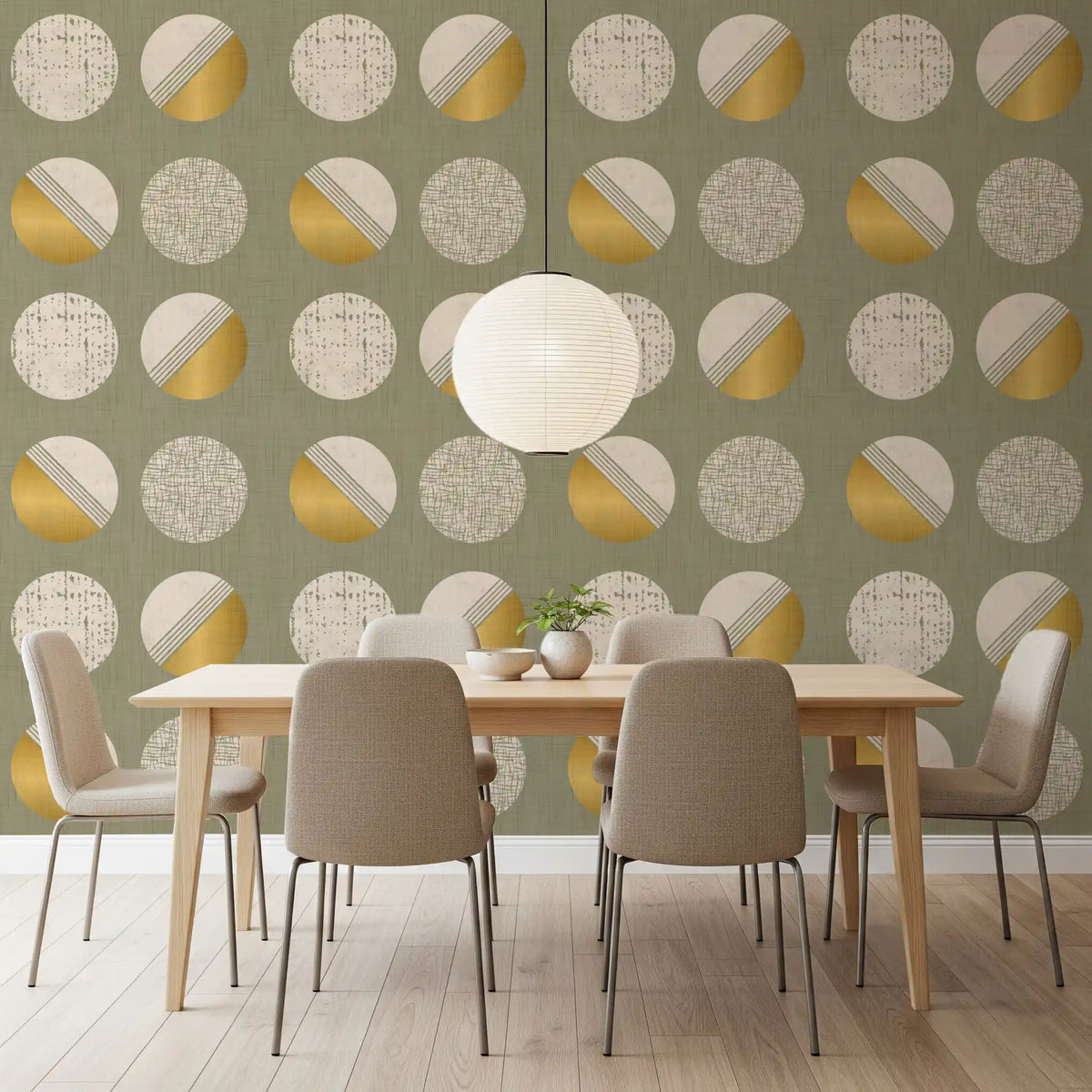 Sage Green Mustard Circles Wallpaper Mid Century Wallpaper⁠