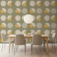 Sage Green Mustard Circles Wallpaper Mid Century Wallpaper⁠
