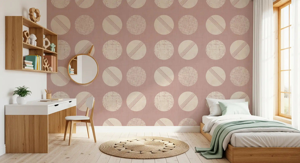 Blush Pink Cream Circles Wallpaper Mid Century Wallpaper⁠