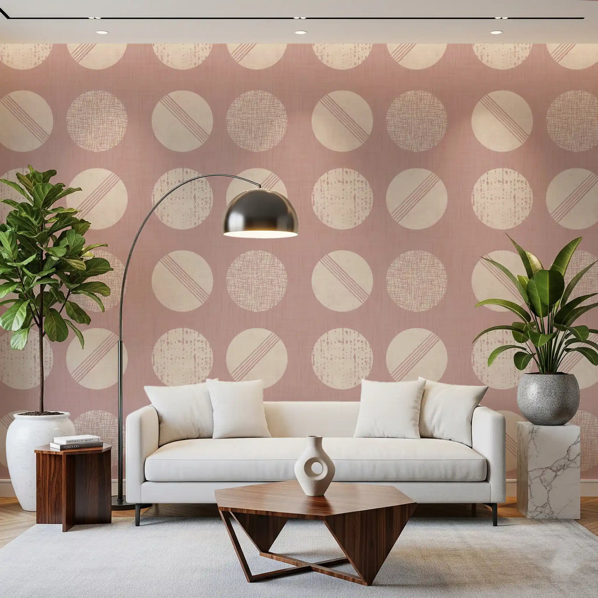 Blush Pink Cream Circles Wallpaper Mid Century Wallpaper⁠