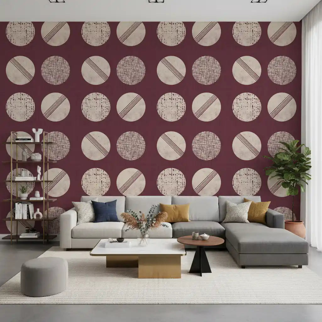 Burgundy Cream Circles Wallpaper Mid Century Wallpaper⁠