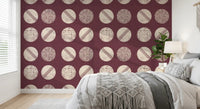 Burgundy Cream Circles Wallpaper Mid Century Wallpaper⁠
