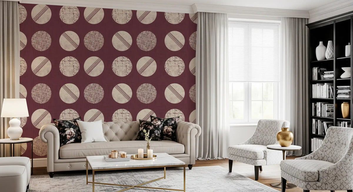 Burgundy Cream Circles Wallpaper Mid Century Wallpaper⁠