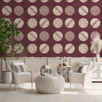 Burgundy Cream Circles Wallpaper Mid Century Wallpaper⁠