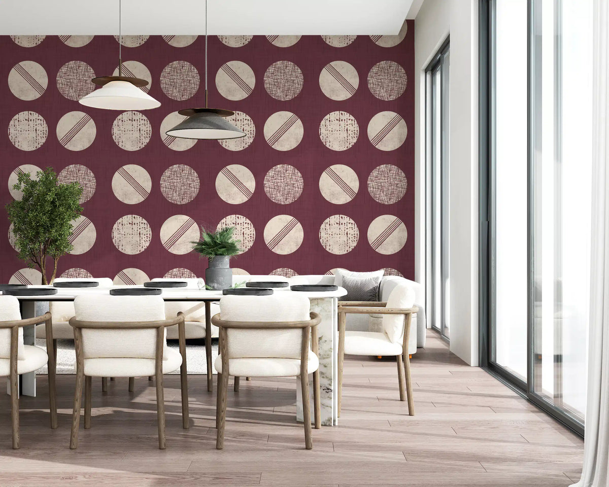 Burgundy Cream Circles Wallpaper Mid Century Wallpaper⁠