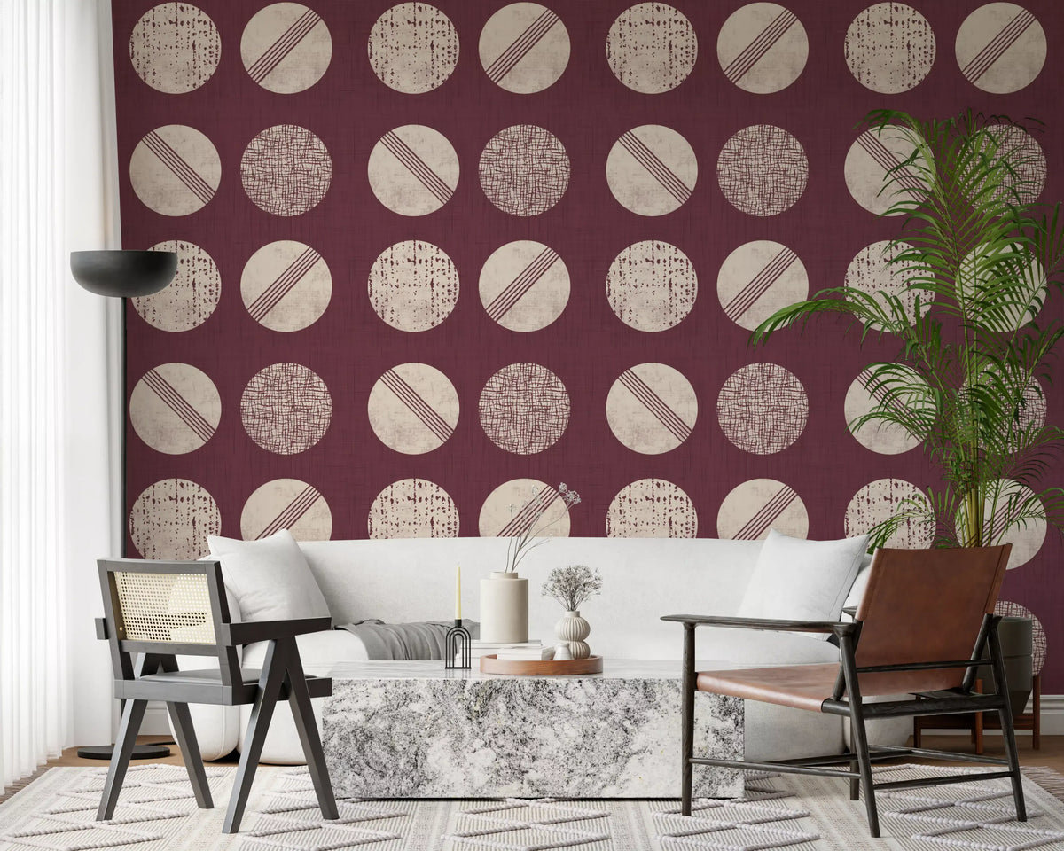 Burgundy Cream Circles Wallpaper Mid Century Wallpaper⁠
