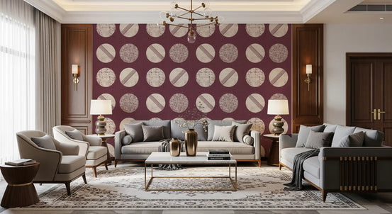 Burgundy Cream Circles Wallpaper Mid Century Wallpaper⁠