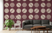 Burgundy Cream Circles Wallpaper Mid Century Wallpaper⁠