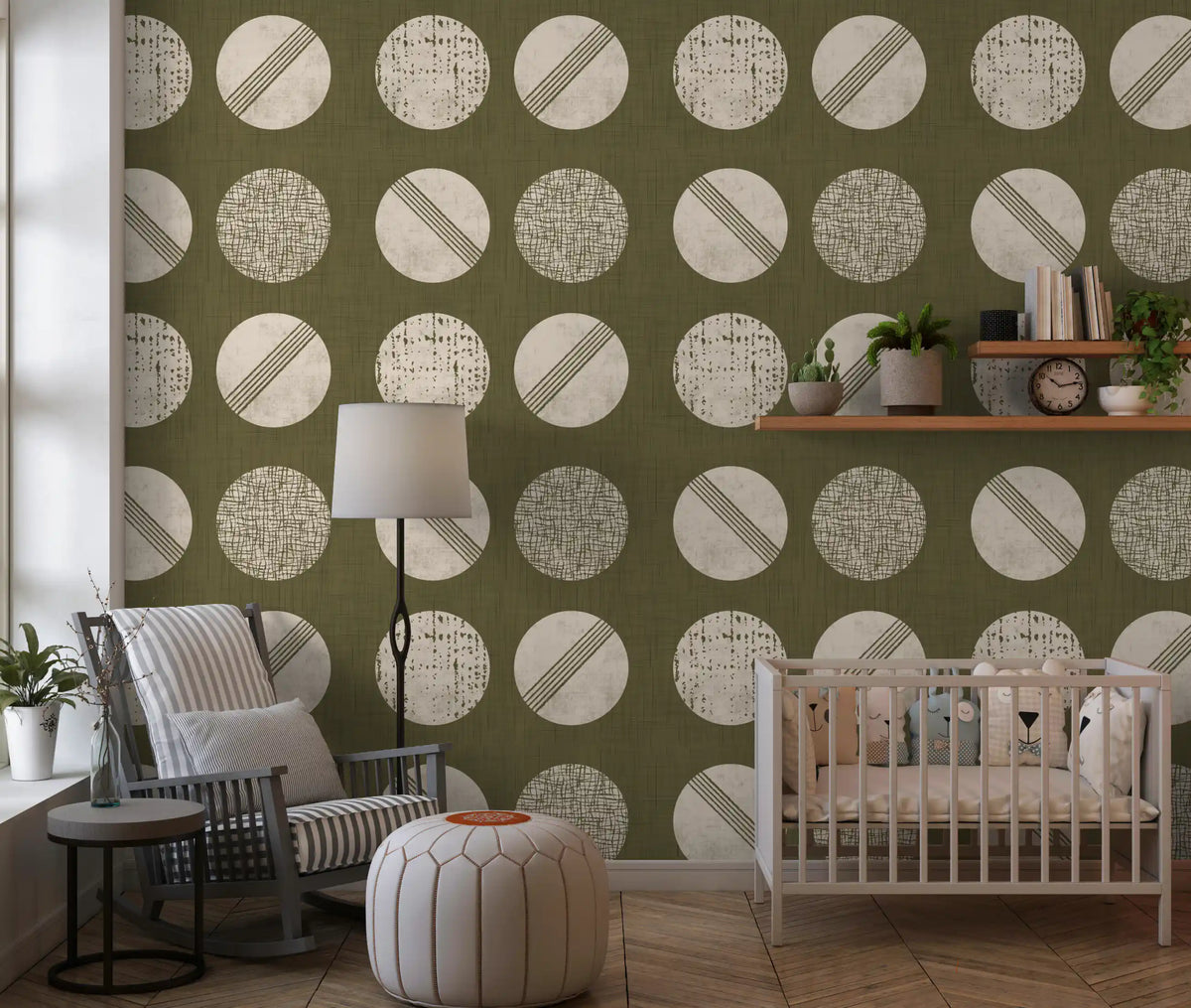 Olive Green Cream Circles Wallpaper Mid Century Wallpaper⁠