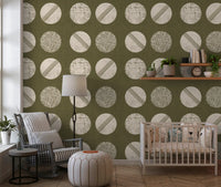 Olive Green Cream Circles Wallpaper Mid Century Wallpaper⁠