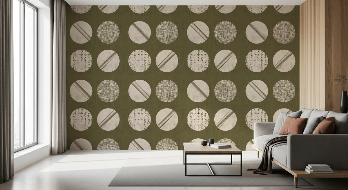 Olive Green Cream Circles Wallpaper Mid Century Wallpaper⁠
