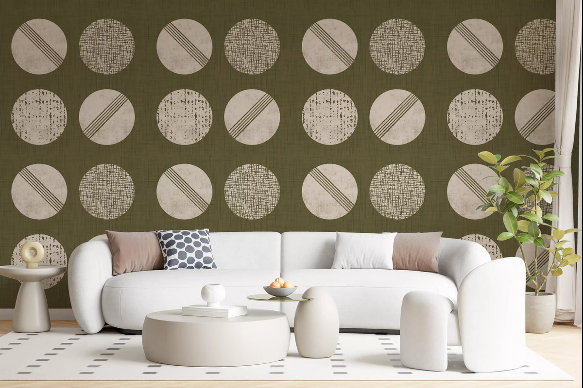 Olive Green Cream Circles Wallpaper Mid Century Wallpaper⁠